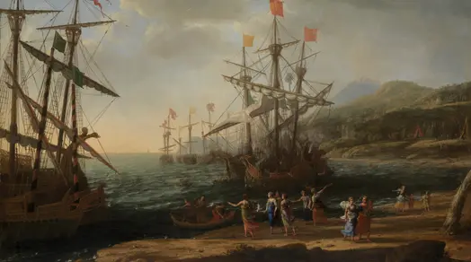 Ships at shore with people gathering