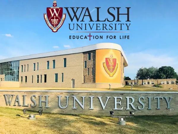 Walsh University campus with logo