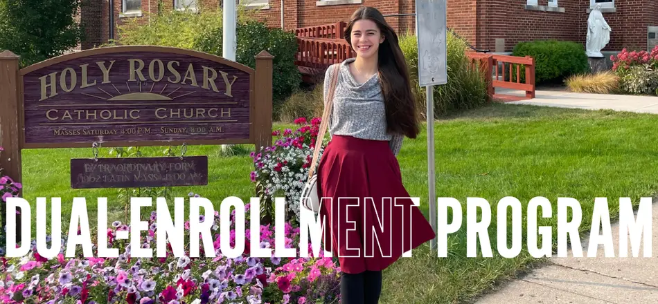 High school student standing before a Catholic Church